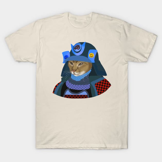 Cat samurai in blue helmet T-Shirt by Red Zebra